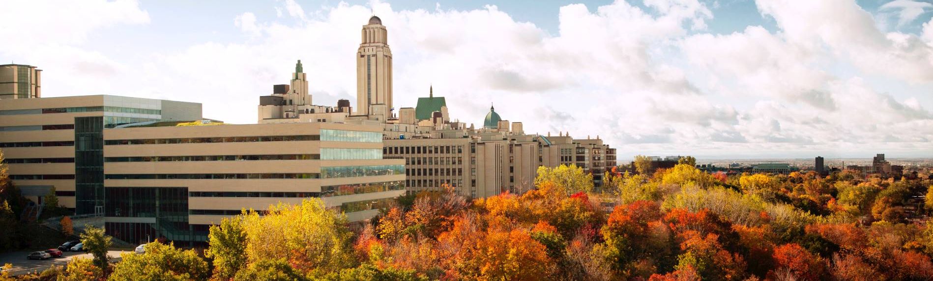 Vue du campus de l’Université de Montréal en automne, entouré d’arbres colorés