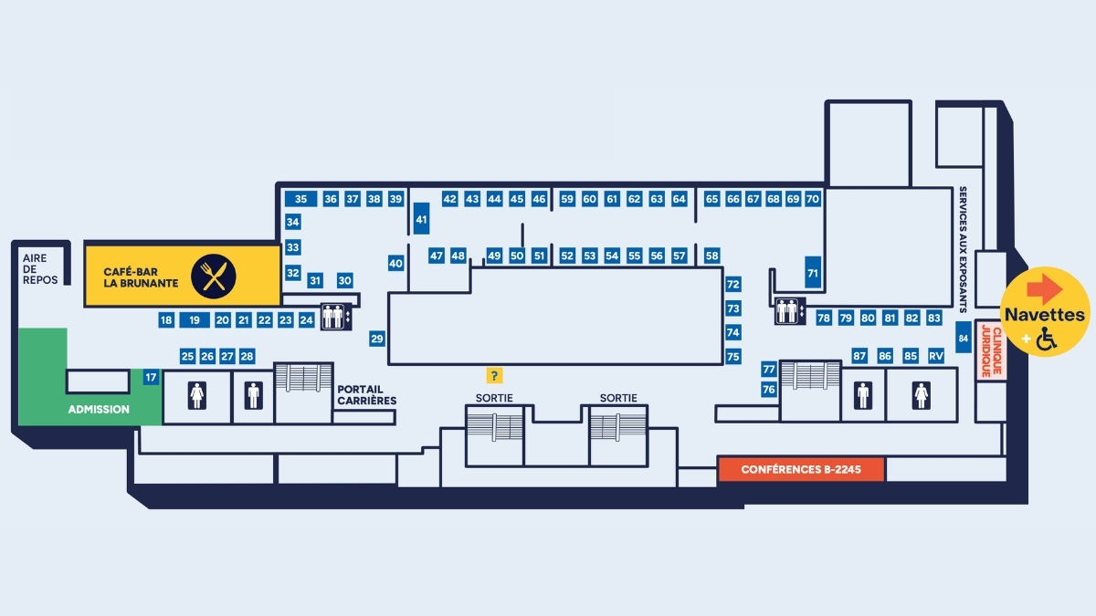 Plan du pavillon pour repérer les kiosques (cliquez pour agrandir)