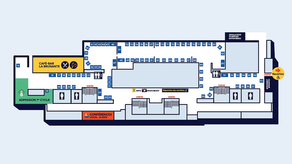 Plan du pavillon pour repérer les kiosques (cliquez pour agrandir)